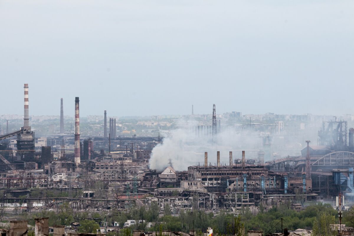 Smoke rising from besieged steel plant in Mariupol, Ukraine.