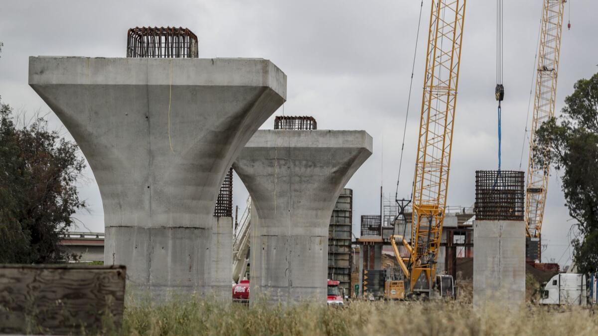 Support piers stand as part of the Cedar Viaduct section of the California high-speed rail project, south of downtown Fresno, on April 16.