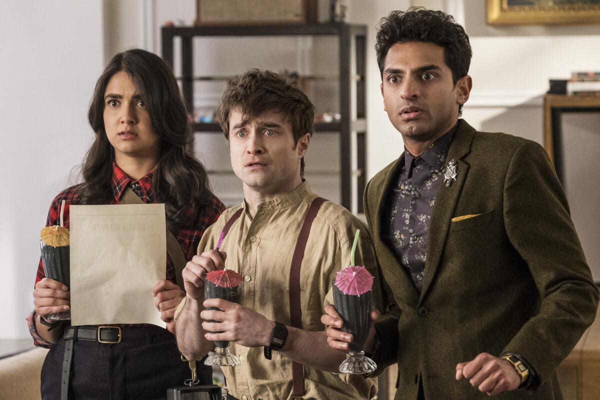 Geraldine Viswanathan, Daniel Radcliffe and Karan Soni in the TBS comedy "Miracle Workers"