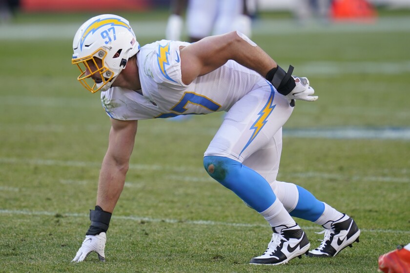 Chargers defensive end Joey Bosa lines up against the Denver Broncos on Nov. 1.