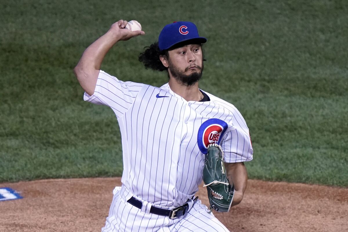 Chicago Cubs starting pitcher Yu Darvish, of Japan, throws against the St. Louis Cardinals during the first inning of a baseball game in Chicago, Friday, Sept. 4, 2020. (AP Photo/Nam Y. Huh)
