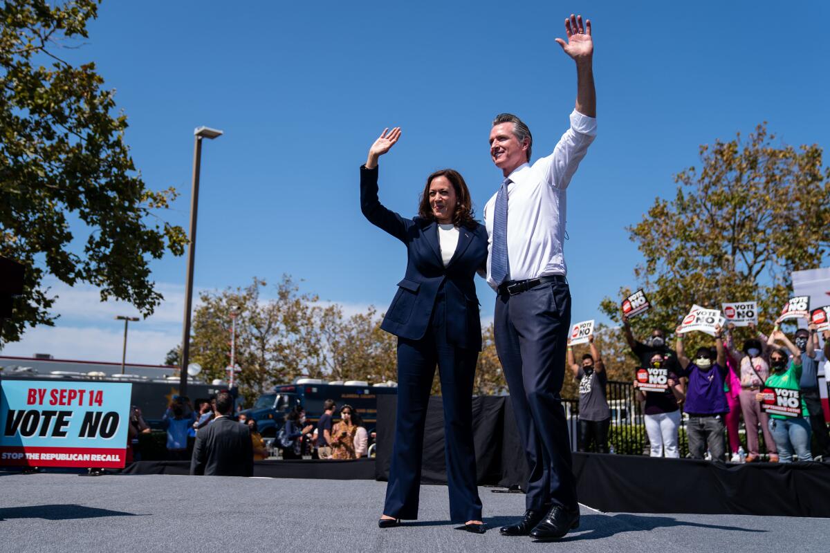 Vice President Kamala Harris joins Gov. Gavin Newsroom at a rally  in San Leandro. 