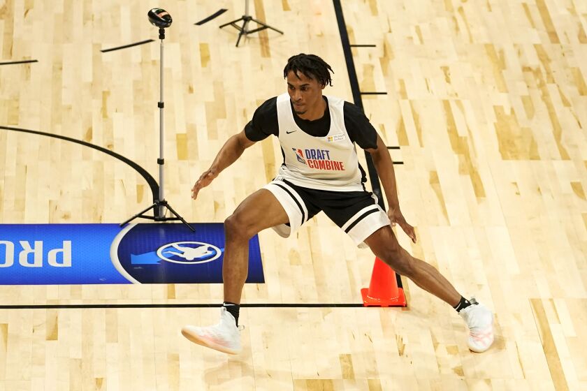 Tennessee's Keon Johnson participates in the NBA Draft Combine at the Wintrust Arena Wednesday, June 23, 2021, in Chicago. (AP Photo/Charles Rex Arbogast)