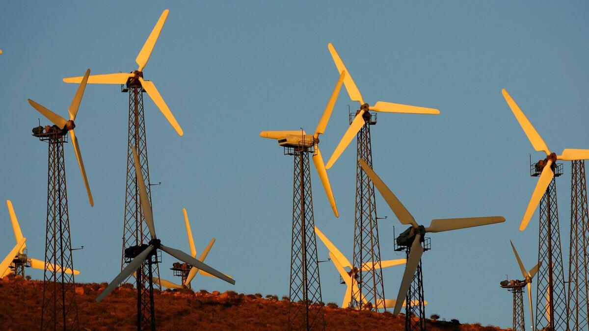 The wind farm near Palm Springs glows in the sunset in 2008.