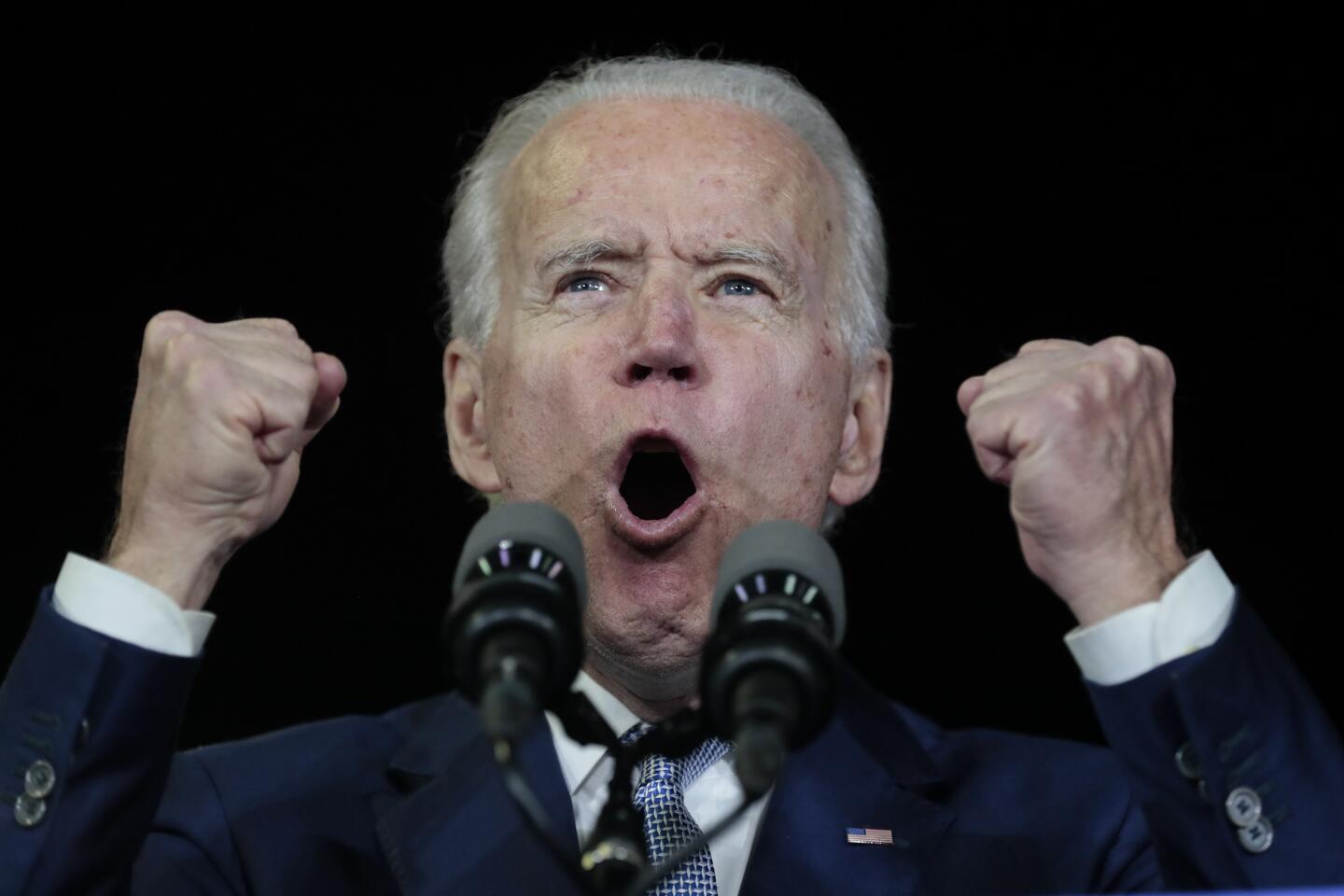 LOS ANGELES, CA, TUESDAY, MARCH 3, 2020 - Democratic Presidential hopeful, Joe Biden reacts to Super Tuesday voting results at the Baldwin Hills Recreation Center. (Robert Gauthier/Los Angeles Times)