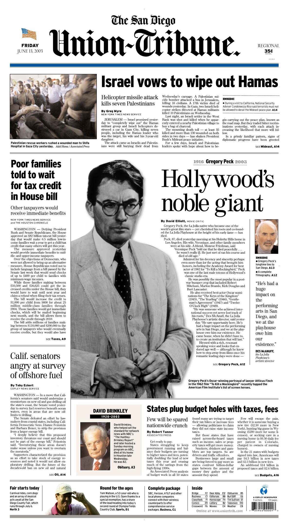 A-1 front page of The San Diego Union-Tribune published June 13, 2003 