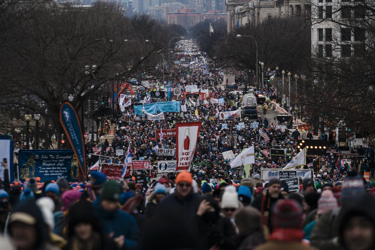 Thousands of antiabortion marchers fill a Washington street