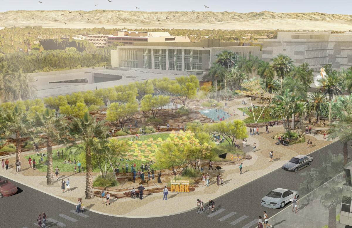 El parque Palm Springs Downtown, diseñado por Mark Rios, está en construcción. (Rios)