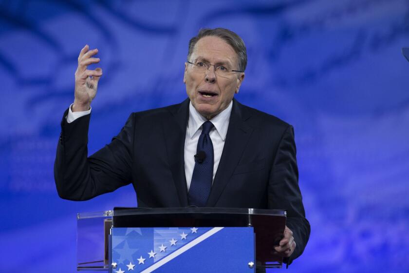 Mandatory Credit: Photo by SHAWN THEW/EPA-EFE/REX/Shutterstock (9119726a) Wayne LaPierre NRA may support regulation of certain rifle modifications, National Harbor, USA - 24 Feb 2017 (FILE) - Executive Vice President of the National Rifle Association Wayne LaPierre delivers remarks at the 44th Annual Conservative Political Action Conference (CPAC) at the Gaylord National Resort & Convention Center in National Harbor, Maryland, USA, 24 February 2017. After the mass shooting in Las Vegas that left 59 dead and over 500 wounded, NRA CEO Wayne LaPierre said the NRA would be open to regulating devices that allow rifles to fire at a high rate similar to an automatic weapon. ** Usable by LA, CT and MoD ONLY **