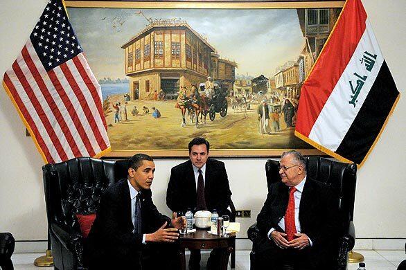 President Barack Obama meets with his Iraq President Jalal Talabani during a visit to Camp Victory in Iraq.