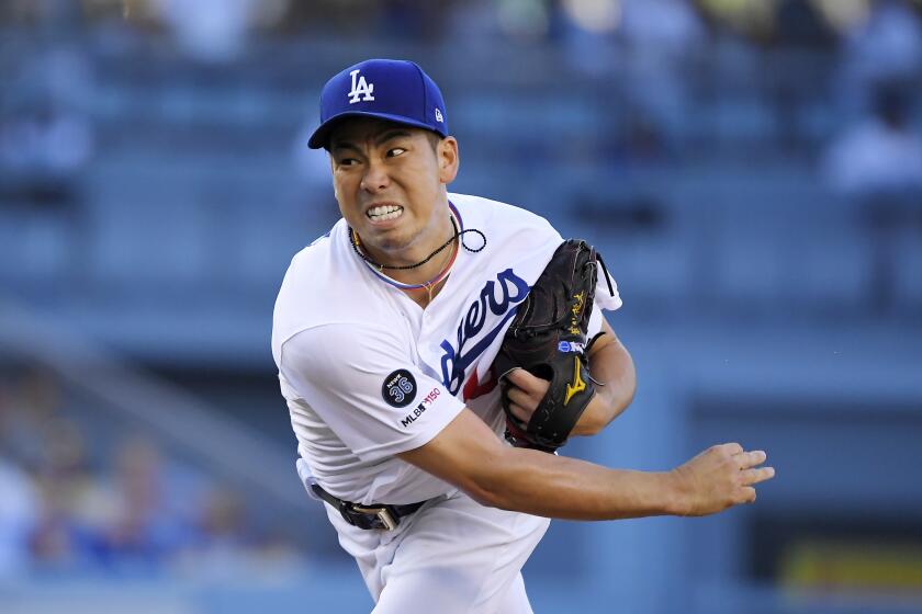 Los Angeles Dodgers starting pitcher Kenta Maeda, of Japan, throws to the plate during the first inning of a baseball game against the Arizona Diamondbacks, Saturday, Aug. 10, 2019, in Los Angeles. (AP Photo/Mark J. Terrill)