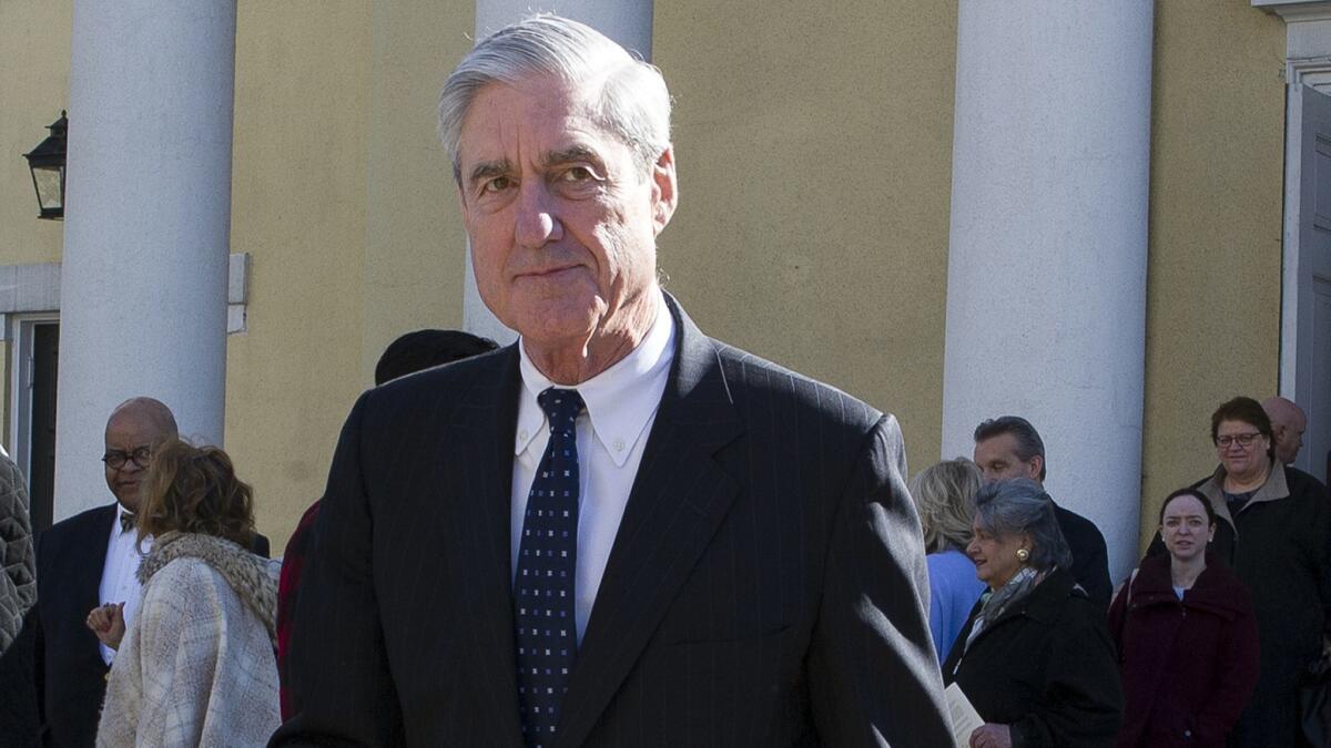 Special counsel Robert S. Mueller III leaves church services on March 24, the day Atty. Gen. William Barr released a controversial summary of findings from the Russia investigation.