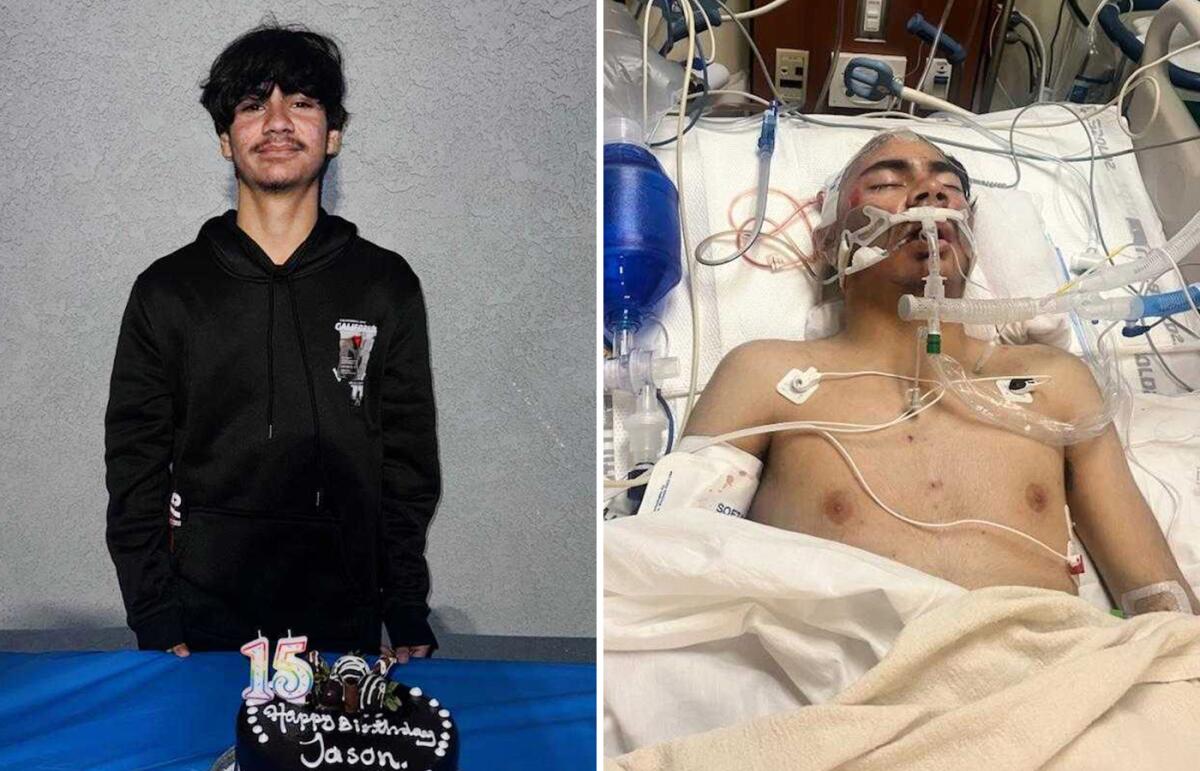 Side by side photos of a teen celebrating his birthday and lying in a hospital bed.
