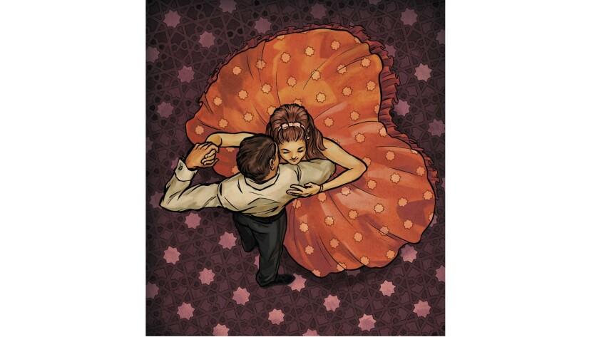 Illustration of a man holding a woman in his arms and twirling her around on the dance floor.