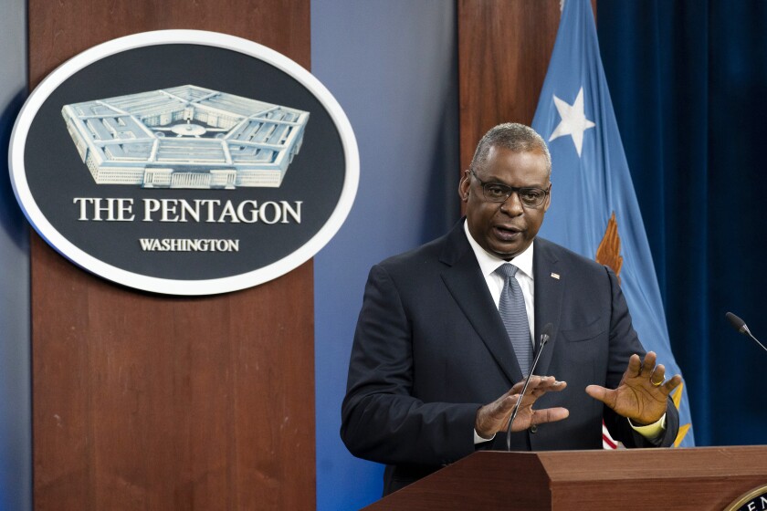 Secretary of Defense Lloyd Austin speaks during a media briefing at the Pentagon, Wednesday, Nov. 17, 2021, in Washington. (AP Photo/Alex Brandon)