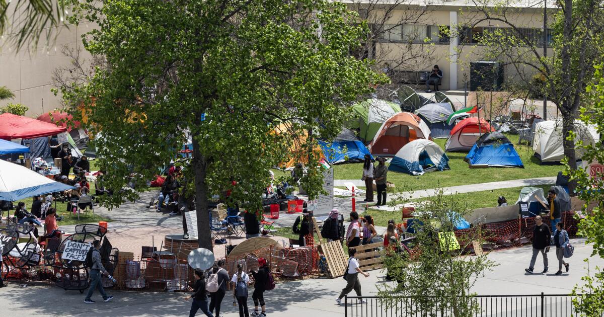 LOS ANGELES, CA - MAY 02: The Gaza Solidarity Encampment was created on the campus of Cal State University Los Angeles. A student spokesperson (who did not want to give her name) said the group wants to end the attacks in Gaza; end the occupation of Palestine and called for the school to divest from military industrial companies like Lockheed Martin, Northrop Grumman and Boeing because they don't want their tuitions going to these companies. The encampment went up May 1 and the spokesperson said they will stay until their demands are met. (Myung J. Chun / Los Angeles Times)