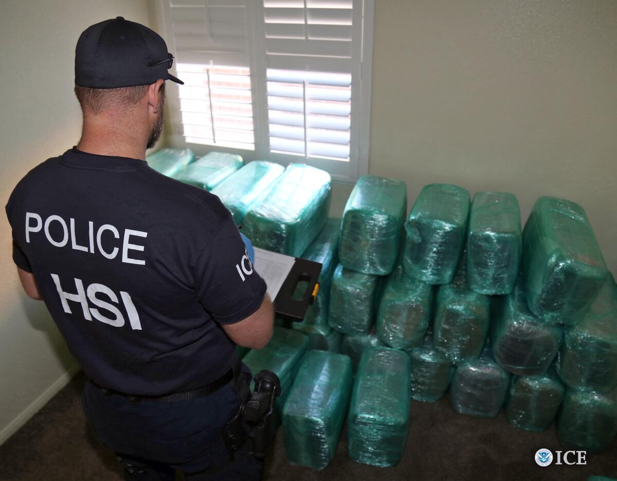 A Homeland Security Investigations officer views bags of marijuana stored in a room of a newly built home in Calexico, the terminus of a cross-border tunnel that runs the length of four football fields to a restaurant in Mexicali, Mexico. (US Immigration and Customs Enforcement)