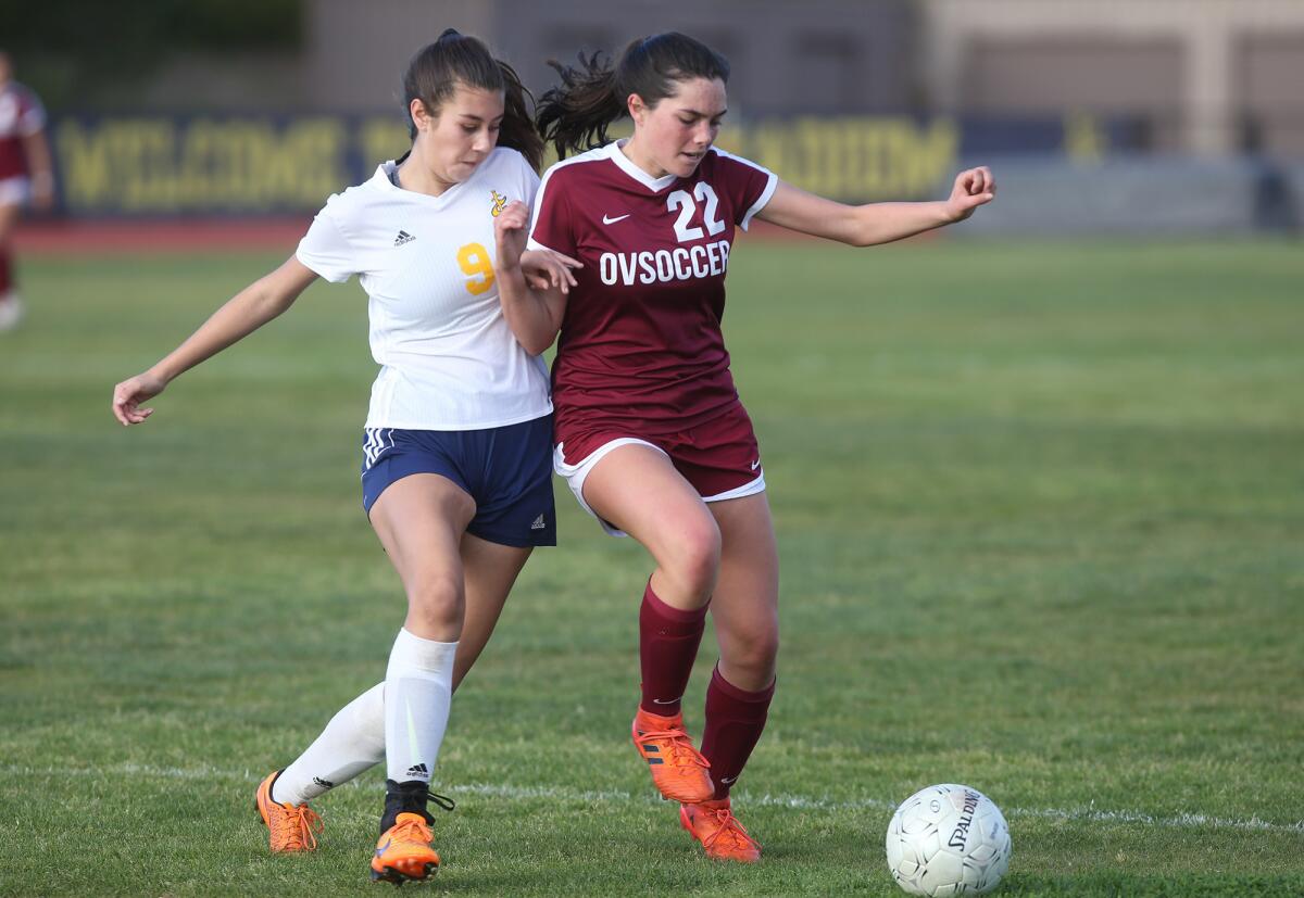 Ocean View's Analisa Chavez, right, shown playing against Crean Lutheran on Feb. 13, 2018, was a first-team All-Golden West League pick.
