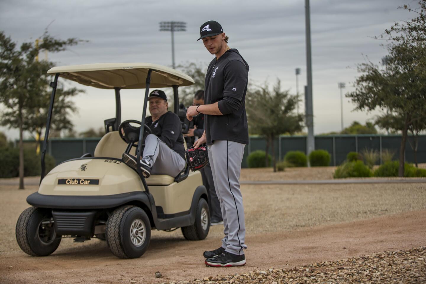 White Sox pitcher Michael Kopech talks to pitching coach Don Cooper at spring training on Feb. 14, 2019.
