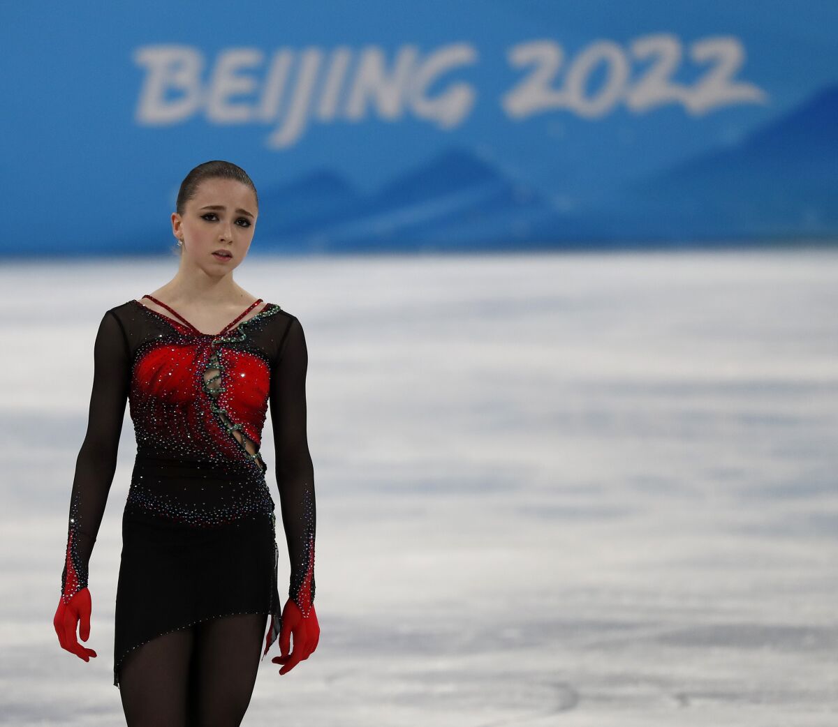 A dejected Kamila Valieva after skating the women's single skating-free skating program