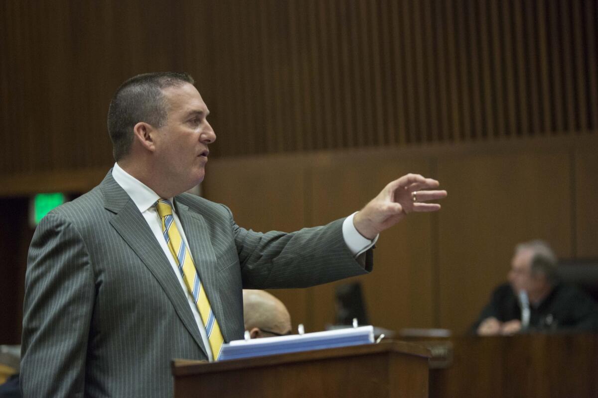 Deputy Dist. Atty. John Lewin makes his opening remarks Monday at the trial of Douglas Bradford, 62, who is charged in the slaying of Lynne Knight.