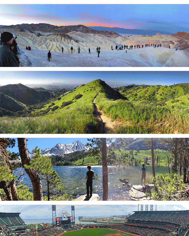 A GIF shows scenes from locales including a baseball stadium, a beach, a mountain lake and desert rocks.