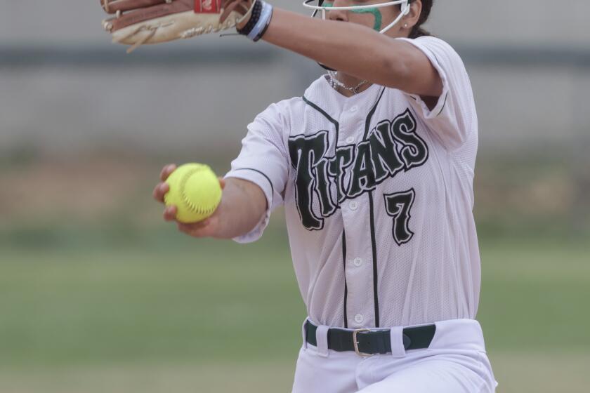 POWAY, CA - APRIL 29, 2023: Poway's Mya McGowan pitches to Cathedral Catholic in the first inning at Poway High School in Poway on Saturday, April 29, 2023. (Hayne Palmour IV / For The San Diego Union-Tribune)