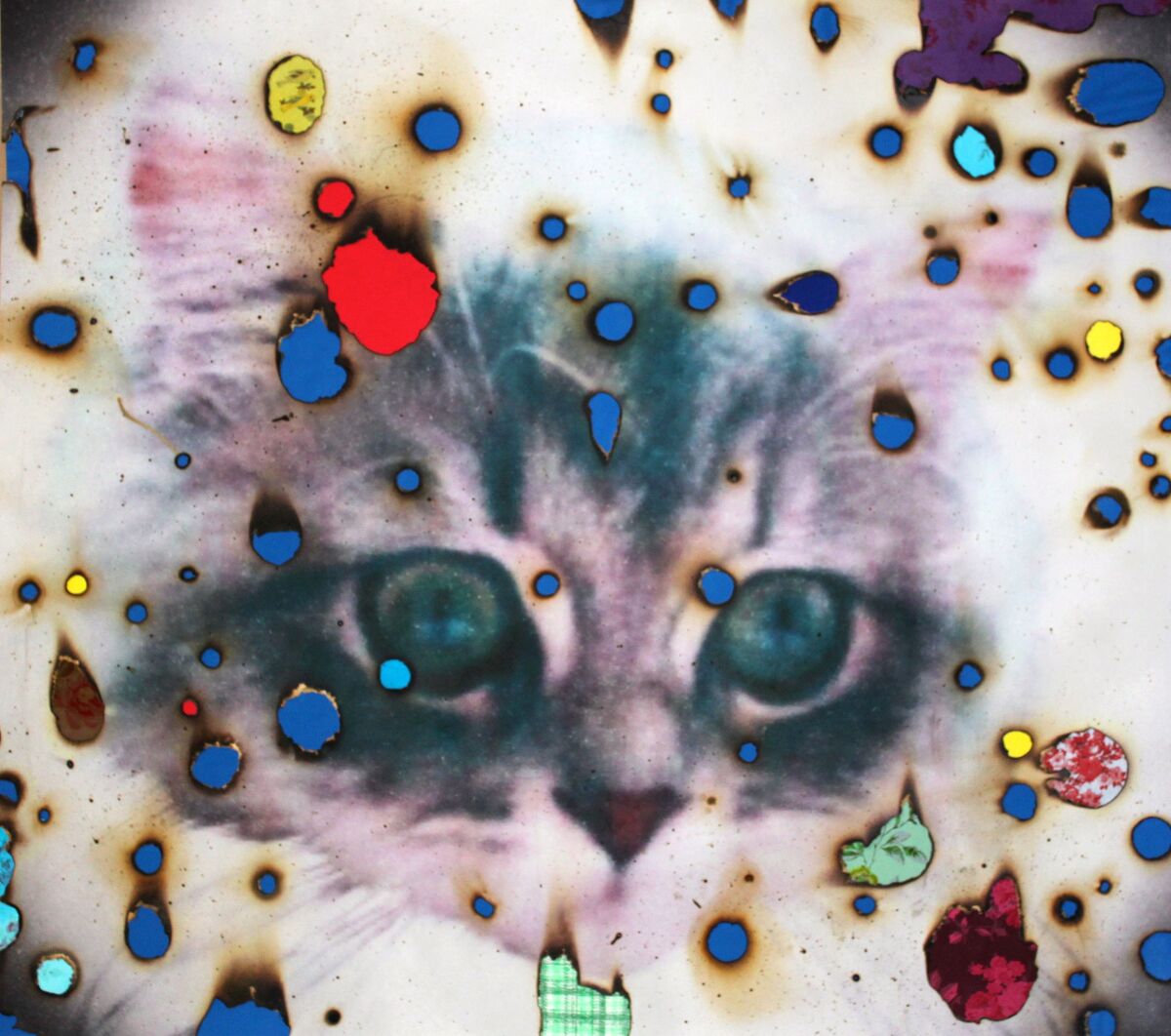 "I ♥ Kitties" by Miyoshi Barosh, 2014. Hand-embellished digital pigment print with fabric collage, 44 inches by 46 inches. 

