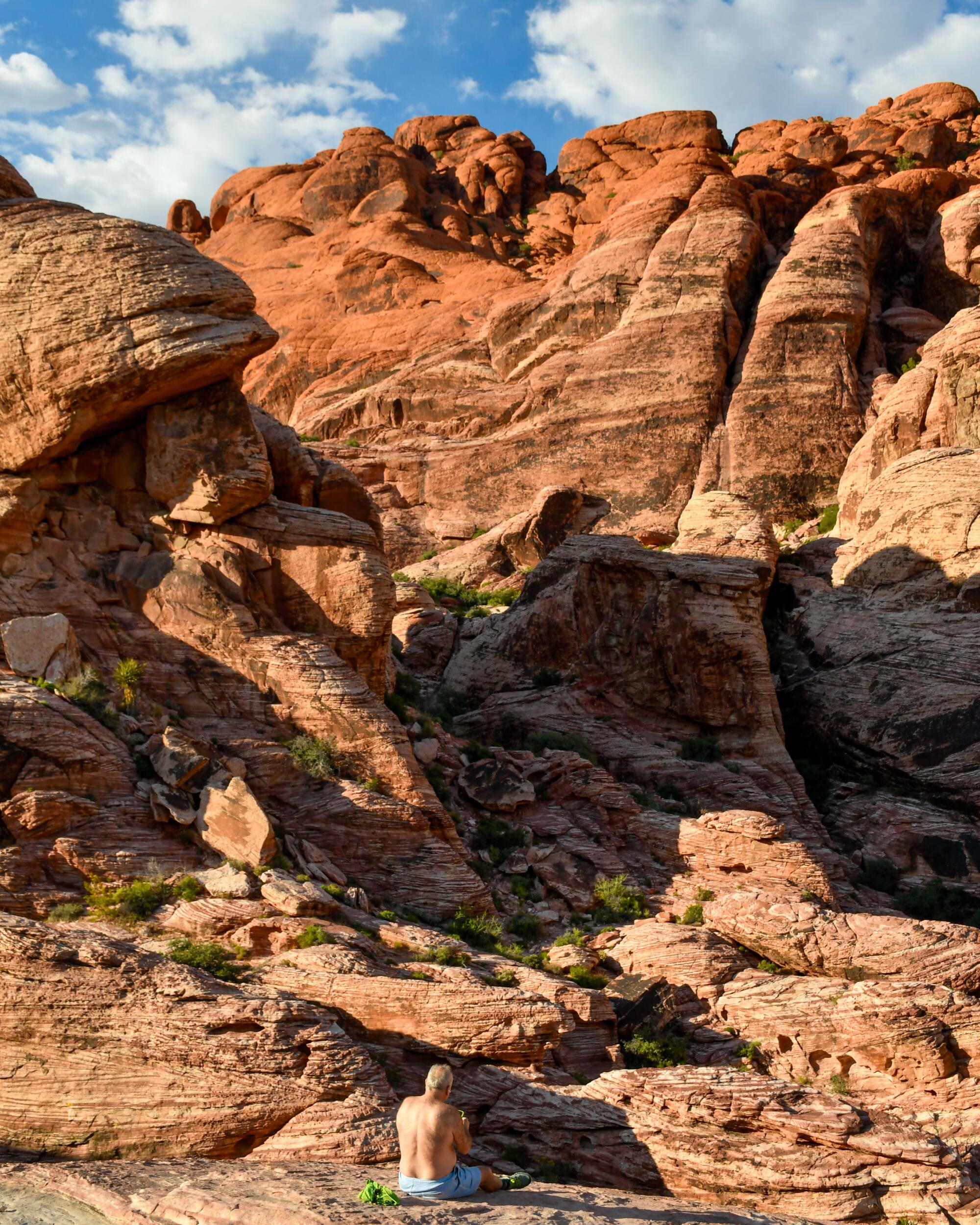 Striated rocks and red rock cliffsides at Red Rock Canyon Conservation Area.