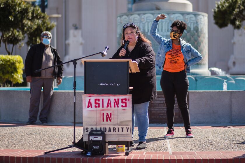 DJ Kuttin Kandi speaks at a Press Conference at Waterfront Park in downtown San Diego on March 19, 2021. Due to the recent anti-Asian racist violence in Atlanta, Georgia, killing 8 people at three different spas. Organizations including Asian Solidarity Collective, Pillars of the Community, Black Lives Matter San Diego and We All We Got have joined together in solidarity to condemn the actions of violence and to support the victims of ant-Asian racism, gender violence and xenophobia.