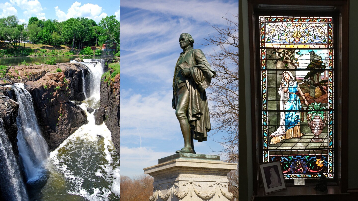 A statue of Alexander Hamilton, center, overlooks the Great Falls, left, in Paterson, N.J. A stained-glass windown in Lambert Castle memorializes a deceased daughter of Catholina Lambert.