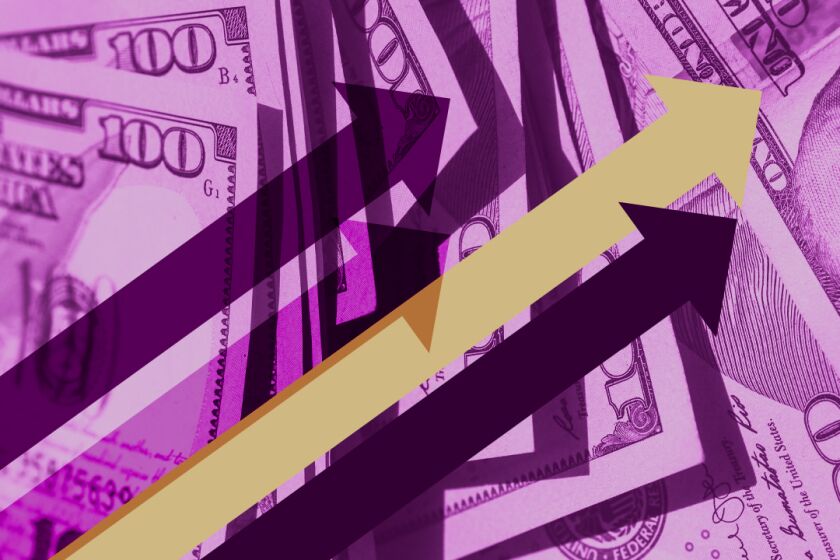 four arrows angled upward against a backdrop of hundred-dollar bills