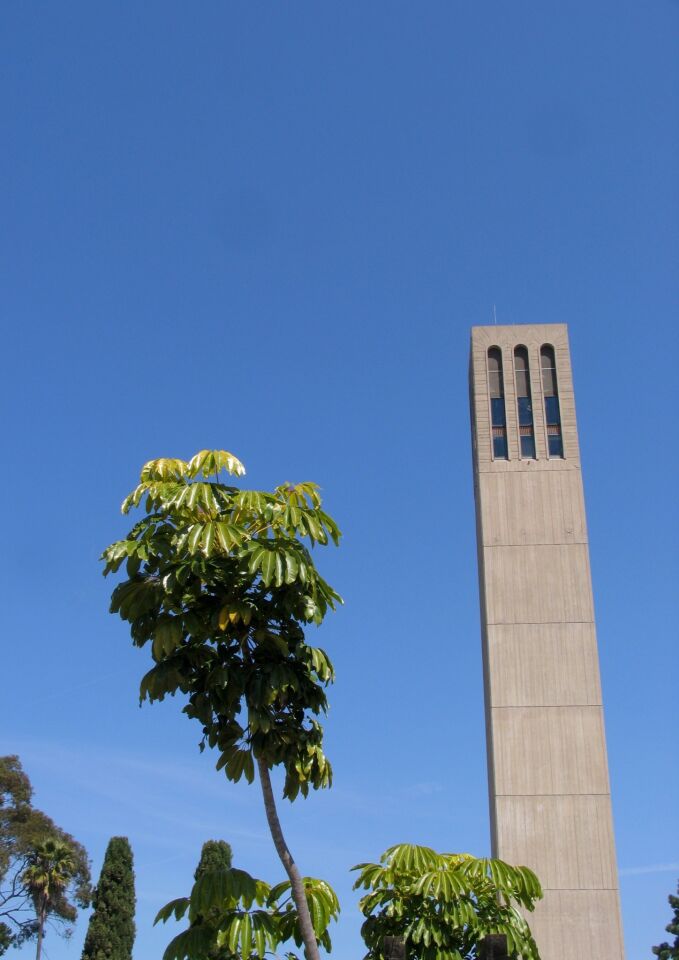 Storke Tower, a 175-foot campanile on the Isla Vista campus of UC Santa Barbara, is famous for its 61-bell carillon, which can sometimes be heard from the plaza below.
