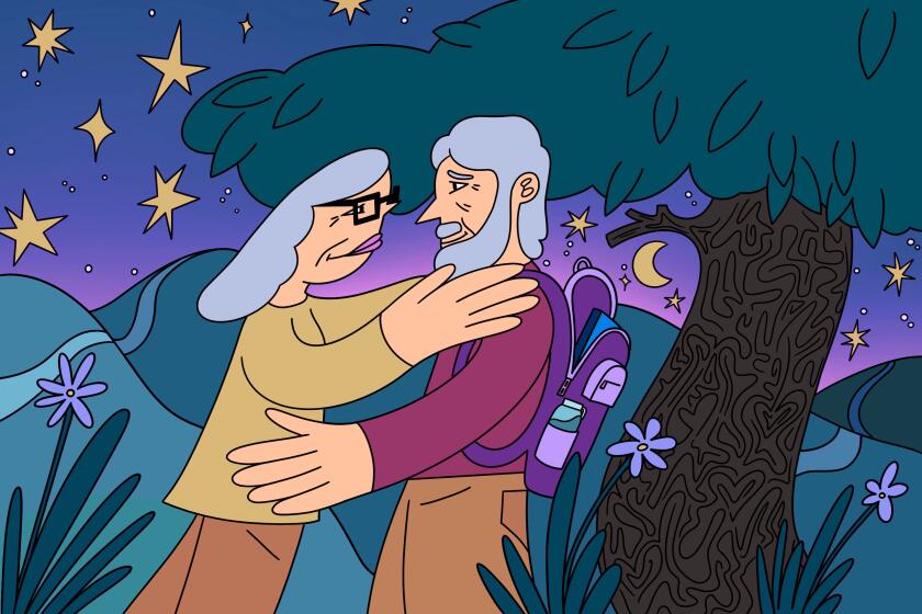 A woman and man embrace under a tree with a starry sky in the backgroun