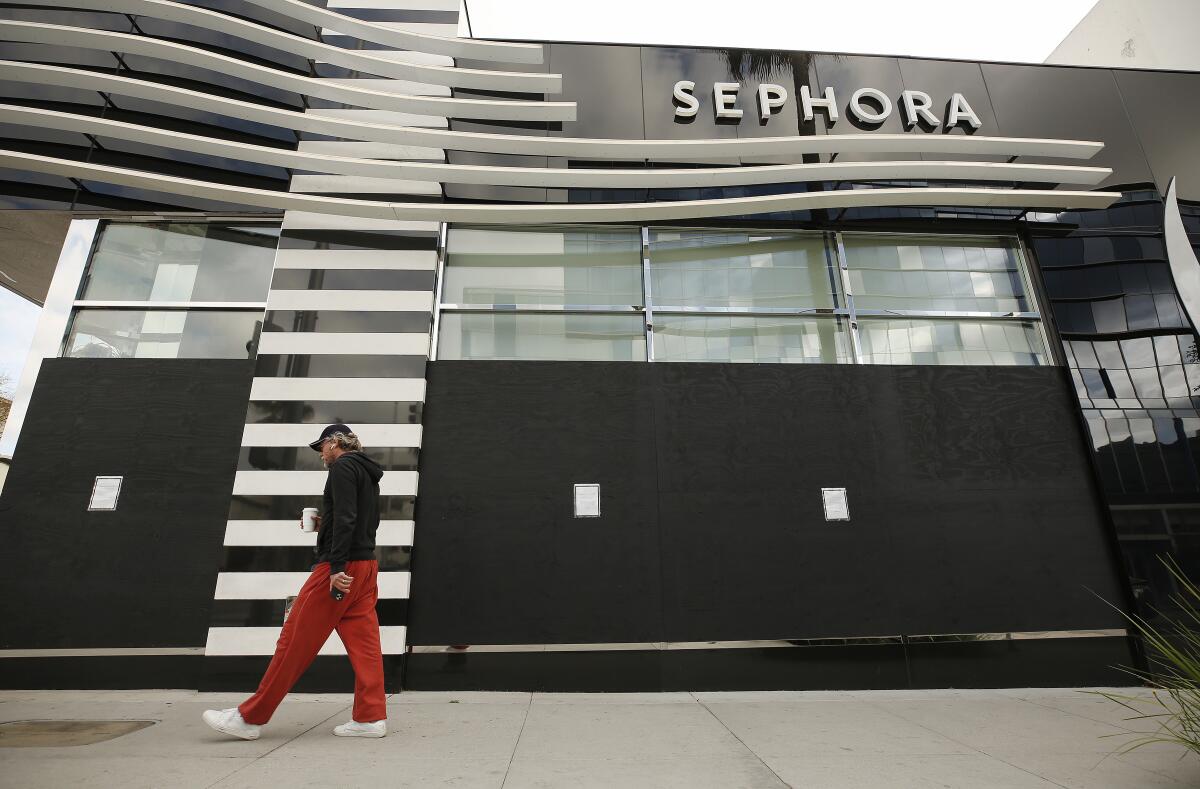 A man walks past a Sephora store in April in Beverly Hills.