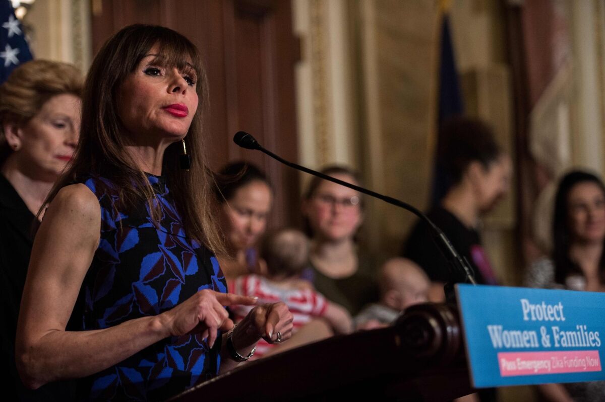 Author Heidi Murkoff speaks at a May 25, 2016, Washington news conference with senators, health experts and local mothers to demand that Congress pass emergency funding to combat the spread of the Zika virus in the U.S.