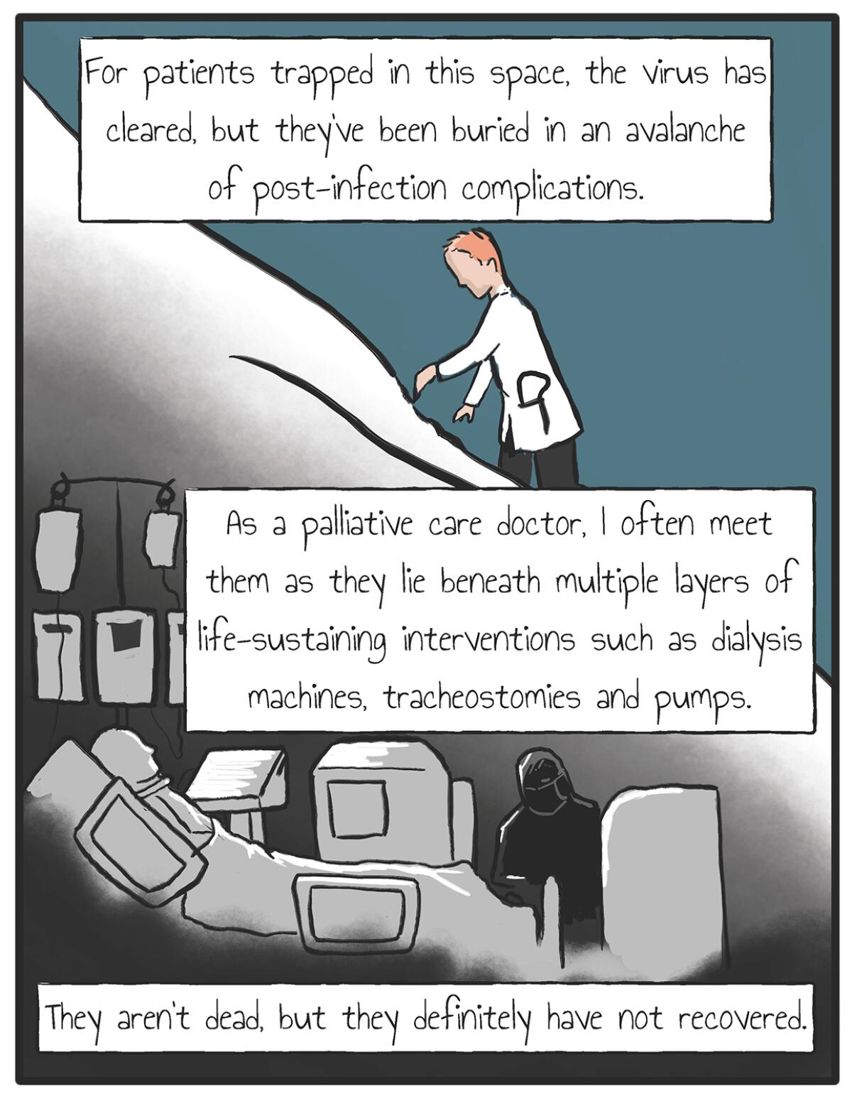 A series of nine Nathan Gray panels on medical purgatory in the time of the COVID-19 pandemic