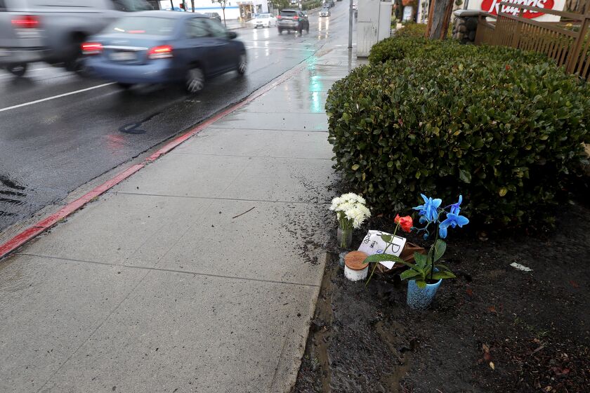 A small memorial is shown where a person was identified, Xueyuan Zhang, 39, as the pedestrian who was killed after being struck by a vehicle in the roadway near Cleo St. on Coast Highway on Saturday.