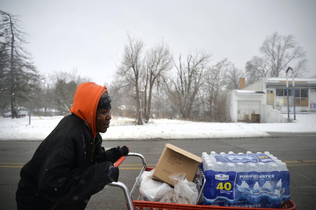 Ulunda Green walks to her home with a cart full of food and water after a food bank distribution in Flint, Mich., on Feb. 24.