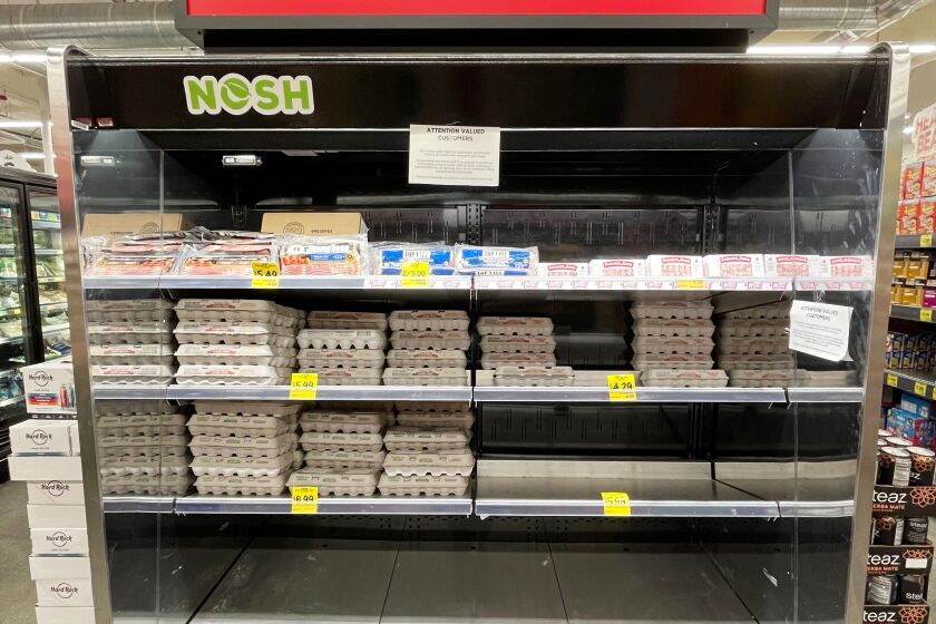The average retail price for a dozen large eggs jumped to $7.37 in California this week, up from $4.83 at the beginning of December and just $2.35 at this time last year. The egg selection at Grocery Outlet Bargsain market Market in Redondo Beach on Thursday, Jan. 5, 2022. ( Jay Clendenin / Los Angeles Times )