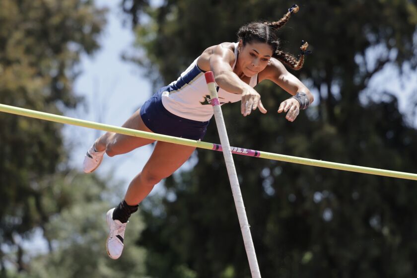 La Costa Canyon's Iliana Downing clears 13 feet 3 inches to come in first in the girl's pole vault during the CIF San Diego Section track finals at Mt. Carmel High School in San Diego on Saturday, May 20, 2023.