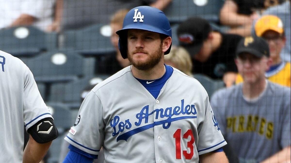 Dodgers second baseman Max Muncy prepares to bat during the sixth inning against the Pittsburgh Pirates on May 26. Muncy's walk in the fifth inning played a big role in the Dodgers' 11-7 win.