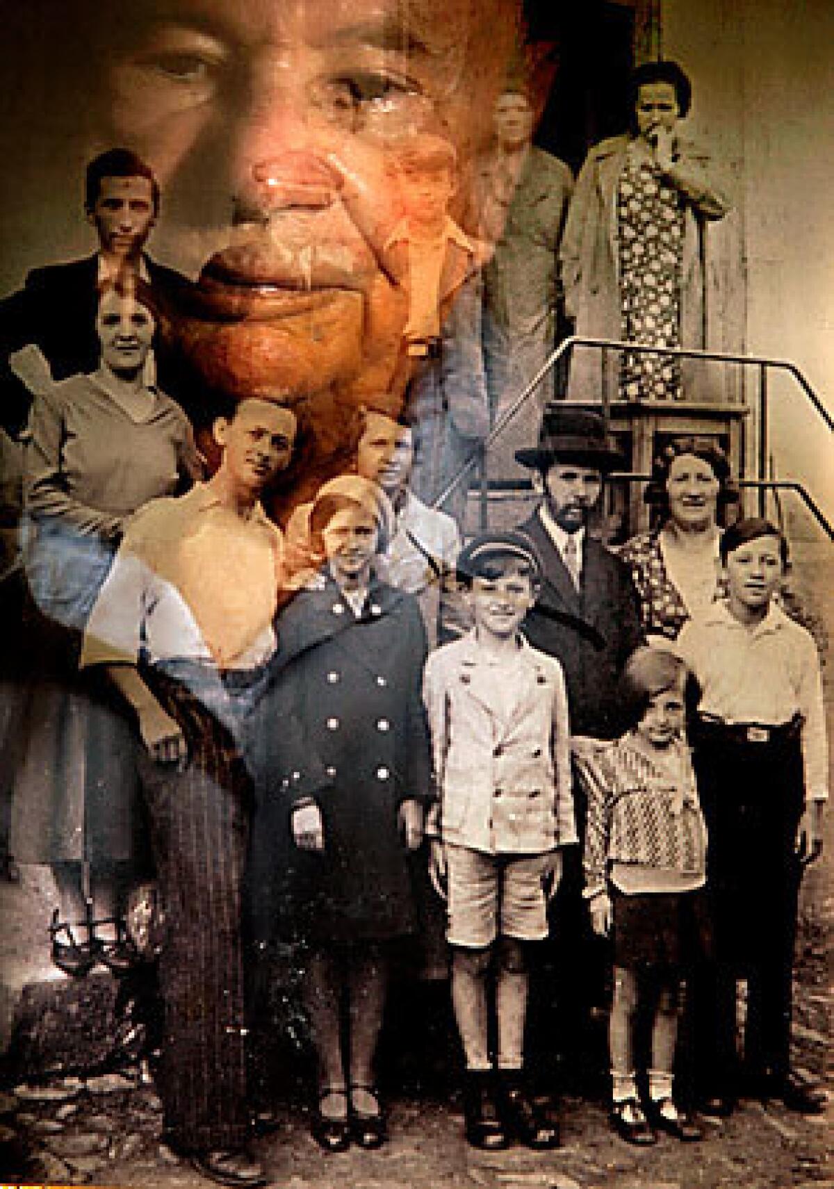 Sol Berger, 88, a Holocaust survivor, is reflected in a family photo, taken when he was a child, living in Krosno, Poland. Berger is third from right in the top row. Berger is visiting Krosno for the first time since World War II.