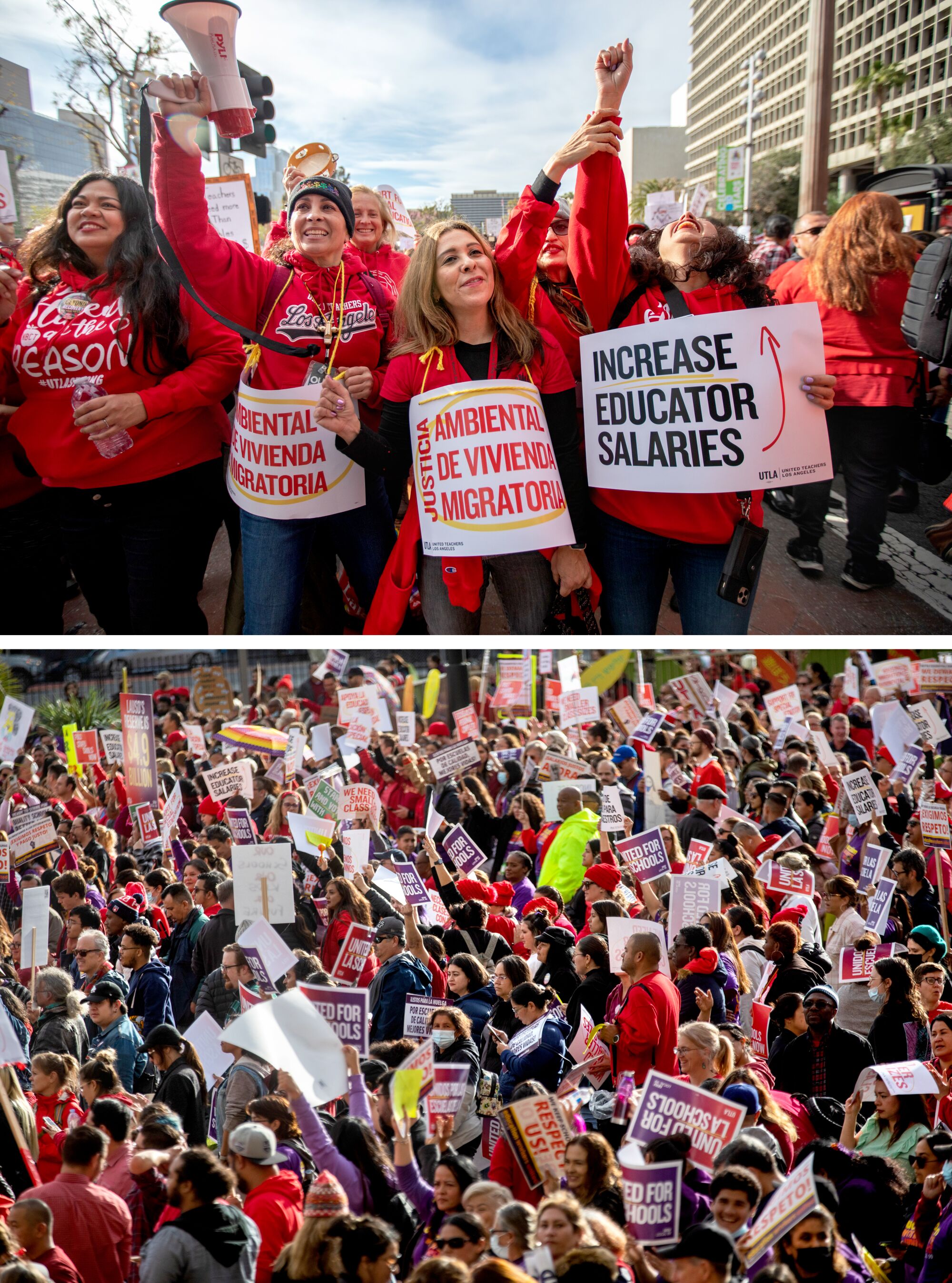 A vertical diptych of above people dressed mostly in red march at a rally and below a wide view of a crowd. 