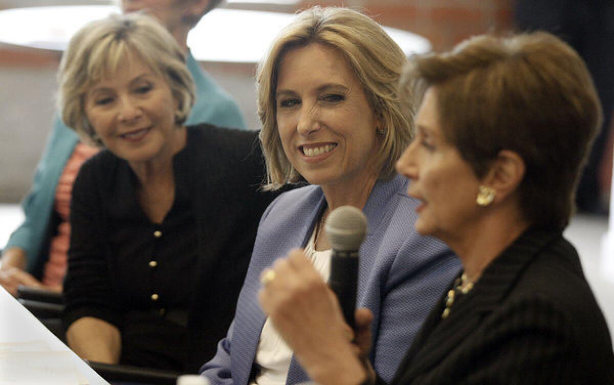 Democratic leader Nancy Pelosi speaks about Los Angeles mayoral candidate Wendy Greuel, center, during a round table of women leaders at the Feminist Majority in Beverly Hills.