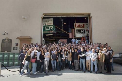 The cast and crew of television's "ER" pose for a portrait at the Warner Brothers lot in Burbank as the show nears its last episode.