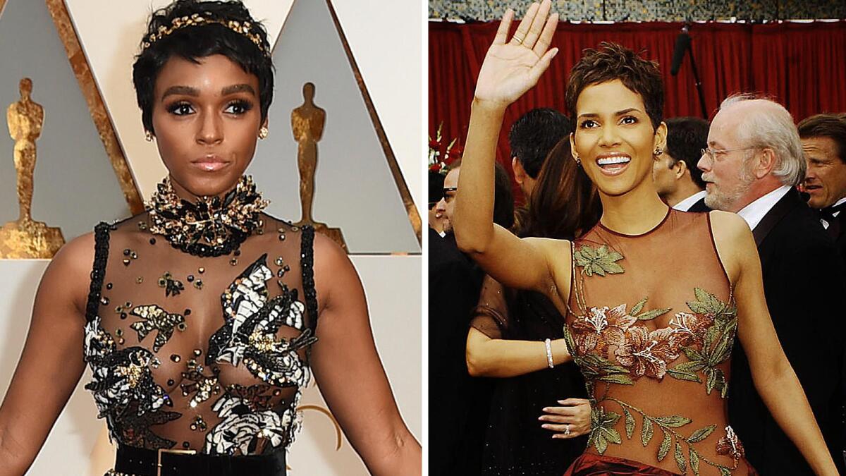 Janelle Monáe, left, and Halle Berry in Elie Saab.