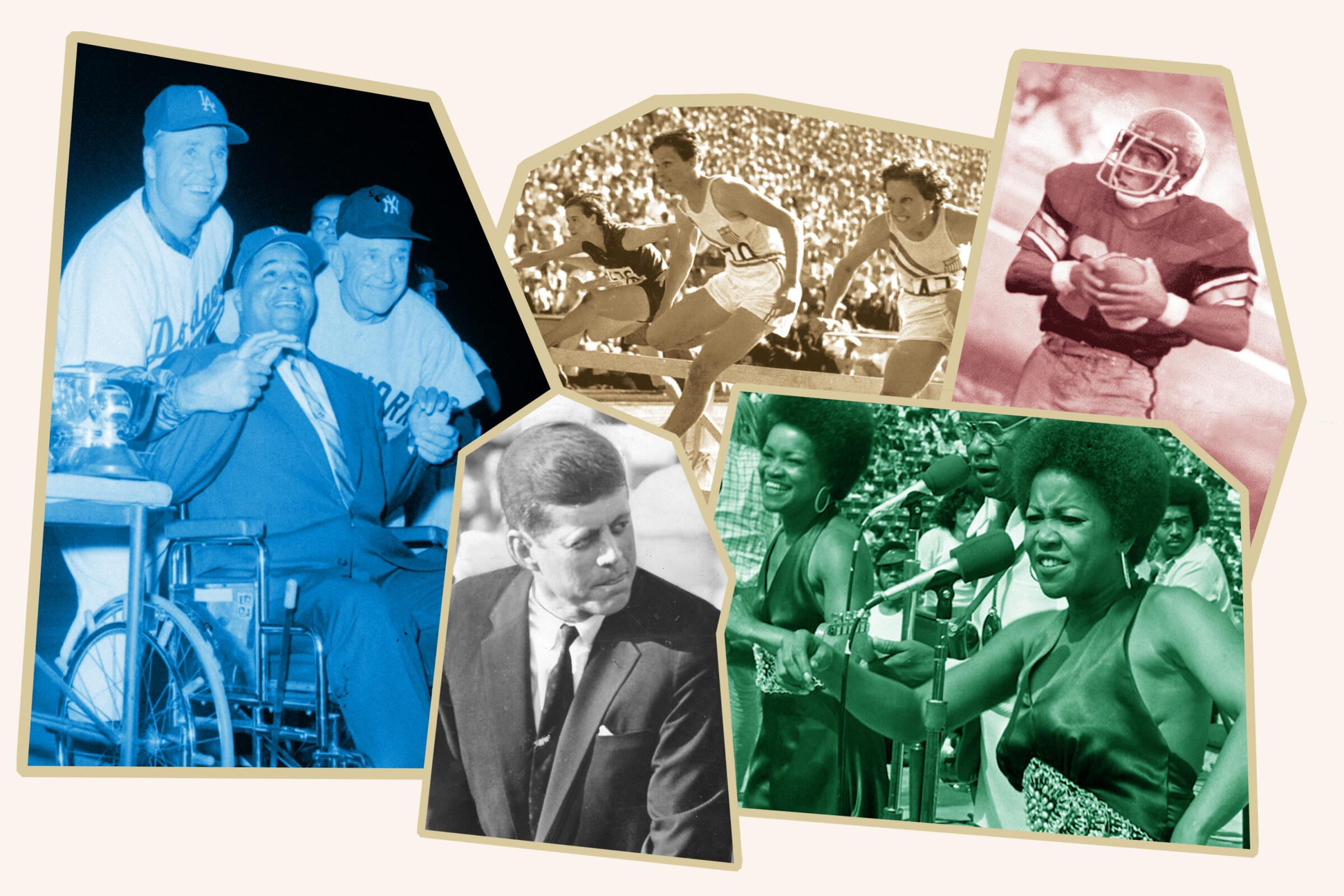Clockwise from left: Roy Campanella, Babe Didrikson; USC tailback Anthony Davis; the Staples Singers; John F. Kennedy 