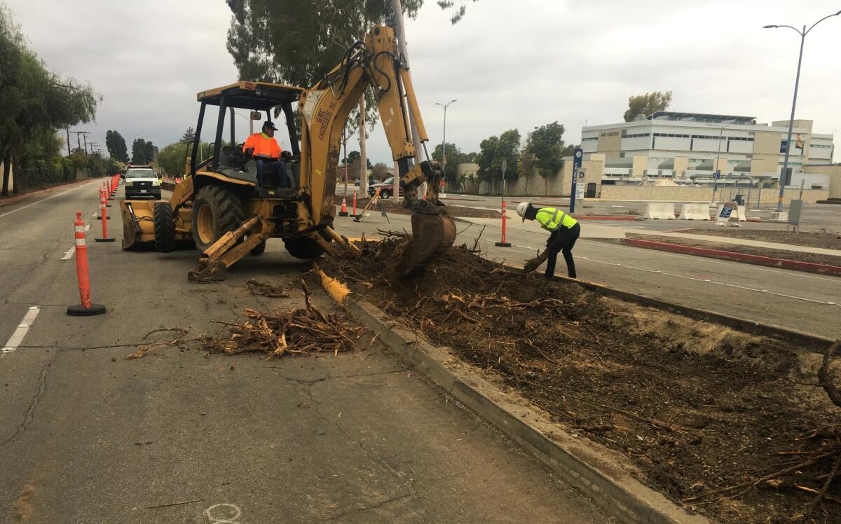 A crew works on capital improvements on Costa Mesa's Merrimac Way in 2021. 