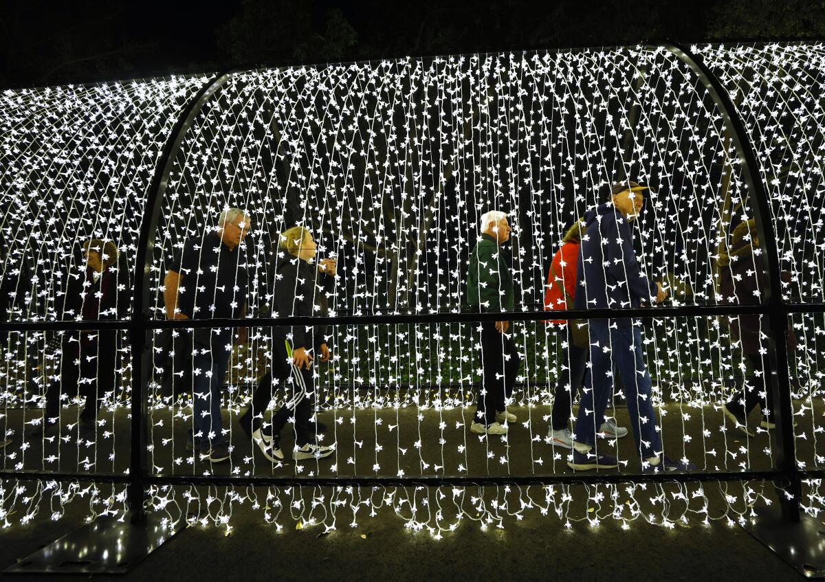Guests walk through the Winter Cathedral at Lightscape, a one-mile walking path lined with more than 1 million lights.